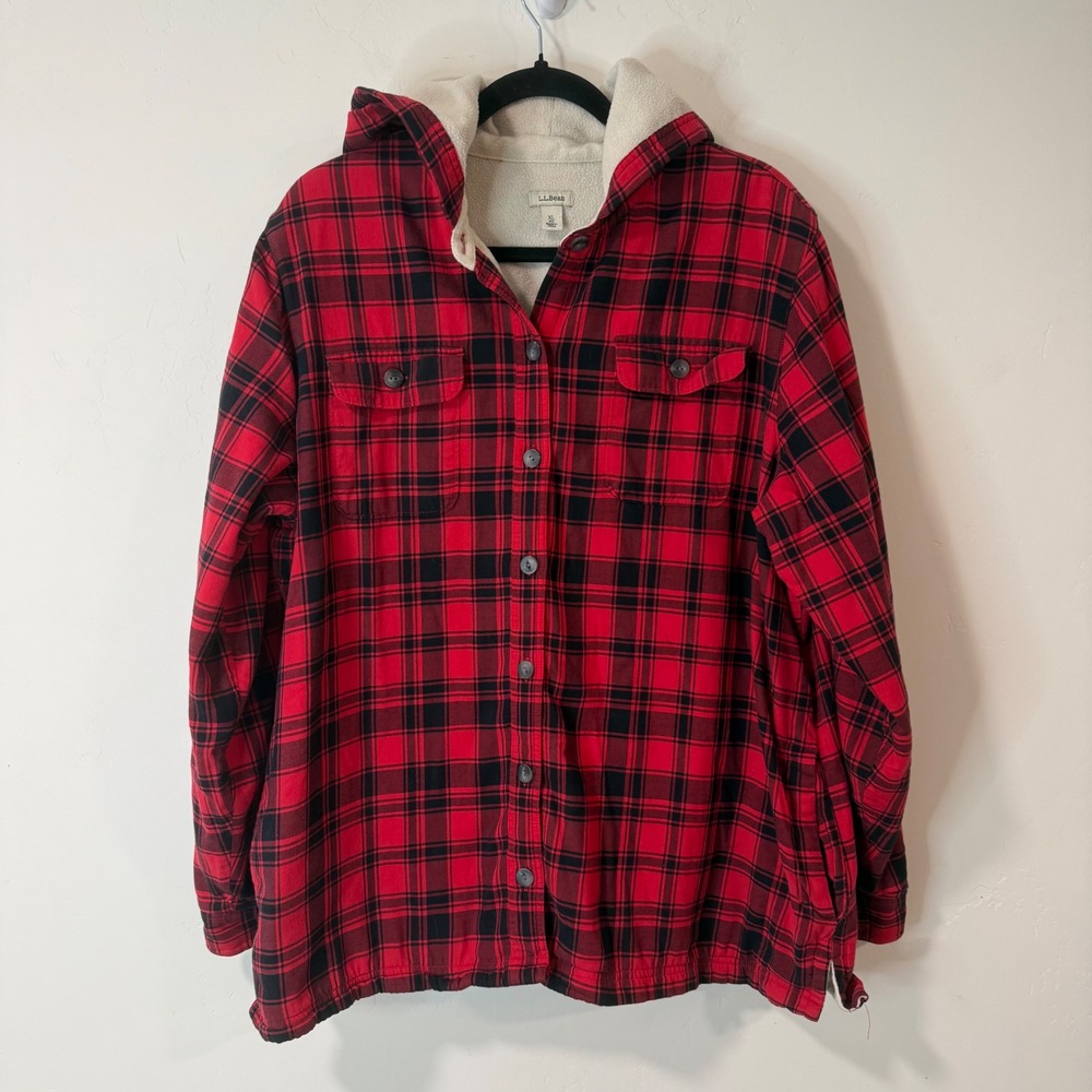 L.L. Bean Womens Fleece Lined Flannel Hoodie Shirt Jacket XL Red Plaid 296823